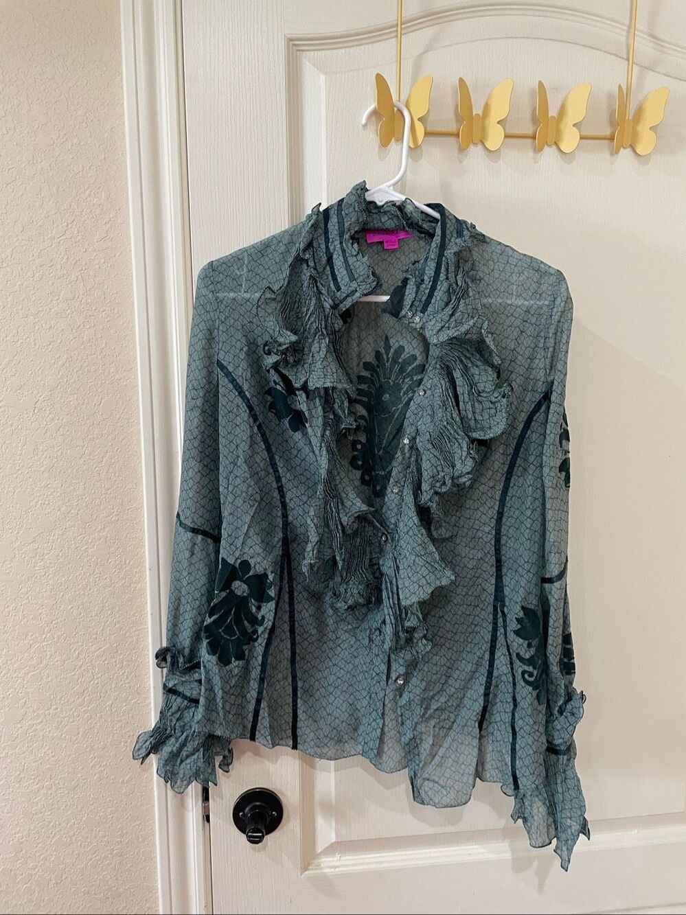 Ebene by P. Assuline silk blouse velvet floral appliqué vintage y2k